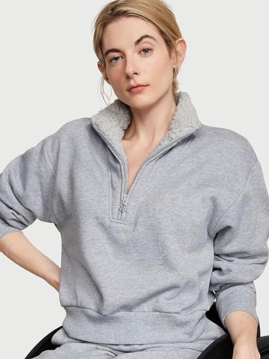 Victoria's Secret Sweaters - Victoria's Secret Light Gray Sherpa Half-Zip Pullover